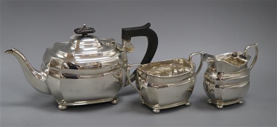 A George V silver three piece tea set, D & J Welby, London 1933, gross 36.5 oz.